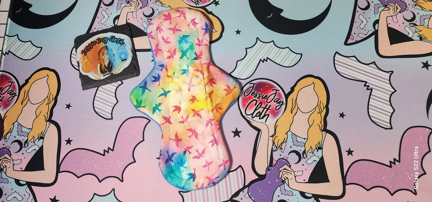 12" Heavy, Rainbow Tie Dye Birds | Classic Curvy Cloth Pad | 2.75" or 3" Snapped