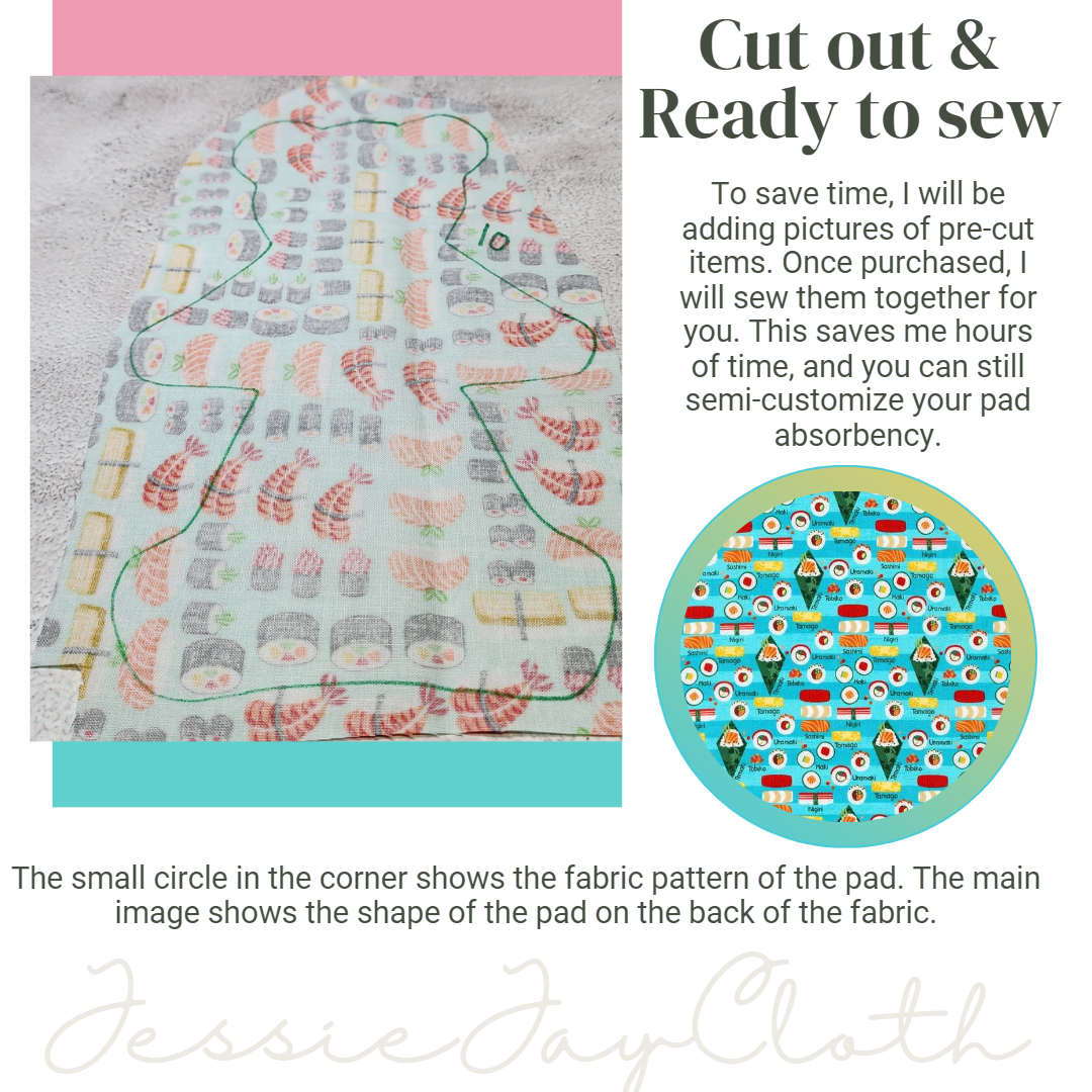 10 inch Bear Roar Cloth Pad or Liner | Sushi Food, 2.5" Snapped Width | Choose your absorbency