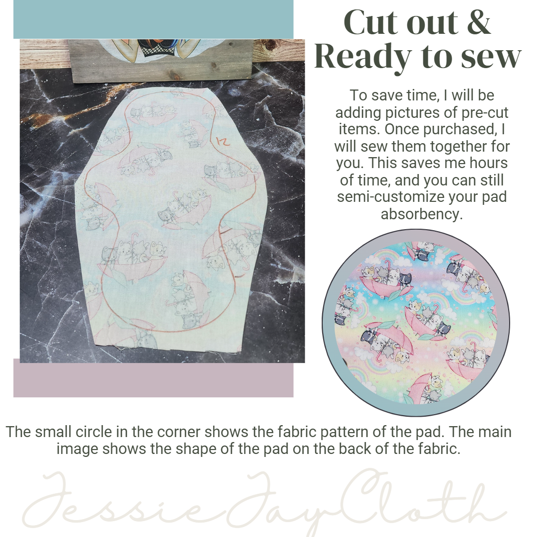 12 inch Classic Curvy | Kittens in Umbrella Pastel | Cloth Pad or liner | Choose your absorbency