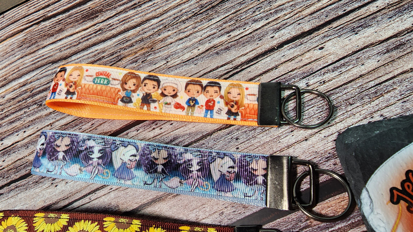 Sunflower, Friends, Dolls Wristlet Key Fob | Ribbon/Nylon Fabric Keychain | Choose your print