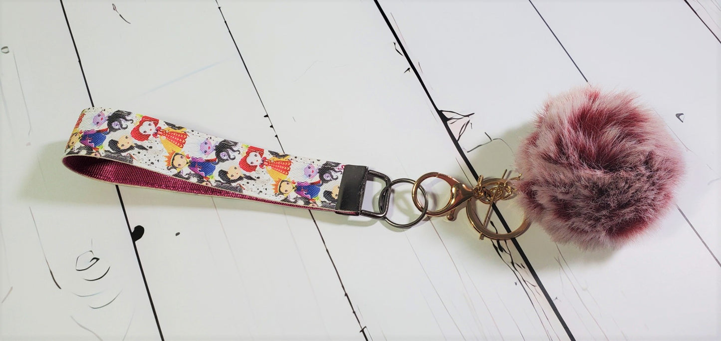 Kawaii Villain's |  Faux Leather & Nylon Fabric Keychain | Fluffy Pompom | Key Fob Wristlet | Evil Characters | Jessie Jay Cloth |