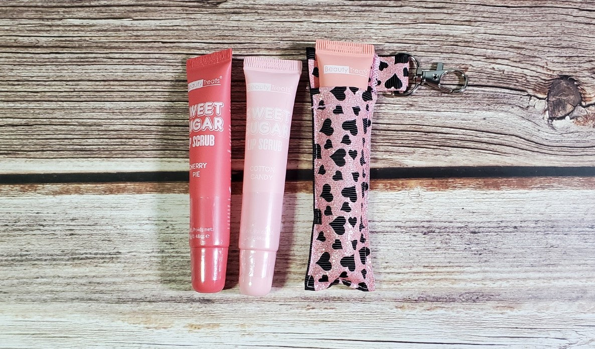 Lip Balm Holder | Black Hearts on Pink Glitter | Can hold gloss/balm/sugar scrub up to 5.5" |