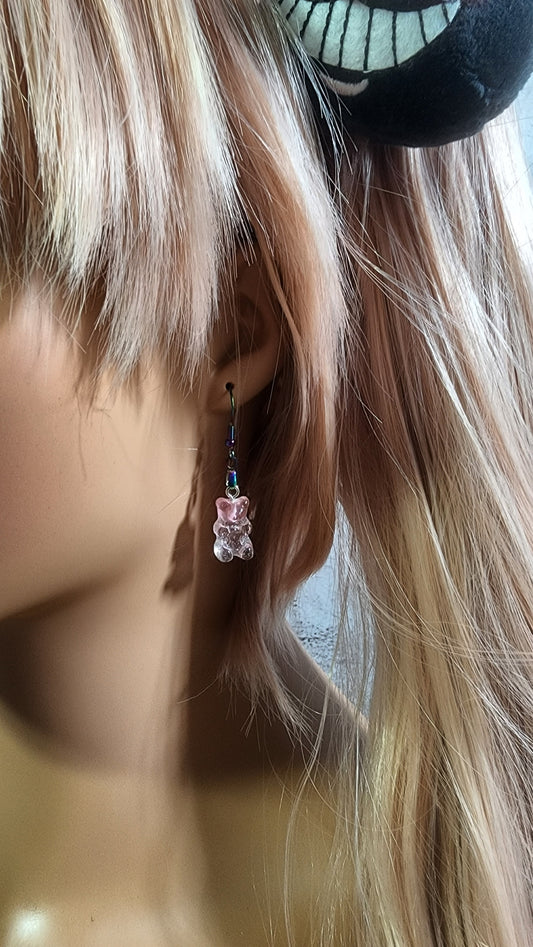 Ombre Glitter Gummy Bear Earrings | Rainbow Dangles | Pink & Clear