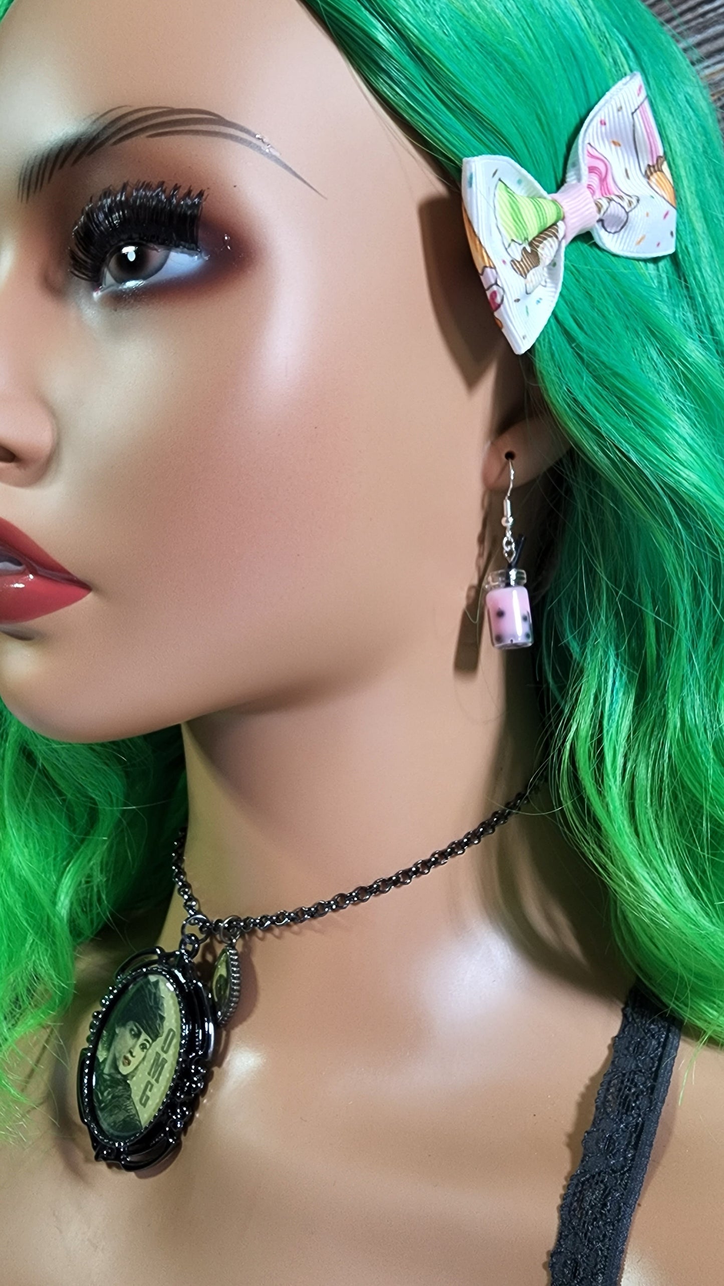 Strawberry Mason Jar Boba Tea Earrings | Silver Dangles |