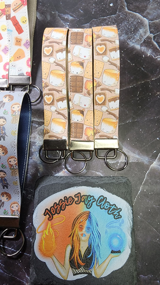Smores Faux Leather & Nylon Fabric Keychain |  Bubble Tea Pendant | Boba Pearls | Fluffy Pompom | Key Fob Wristlet