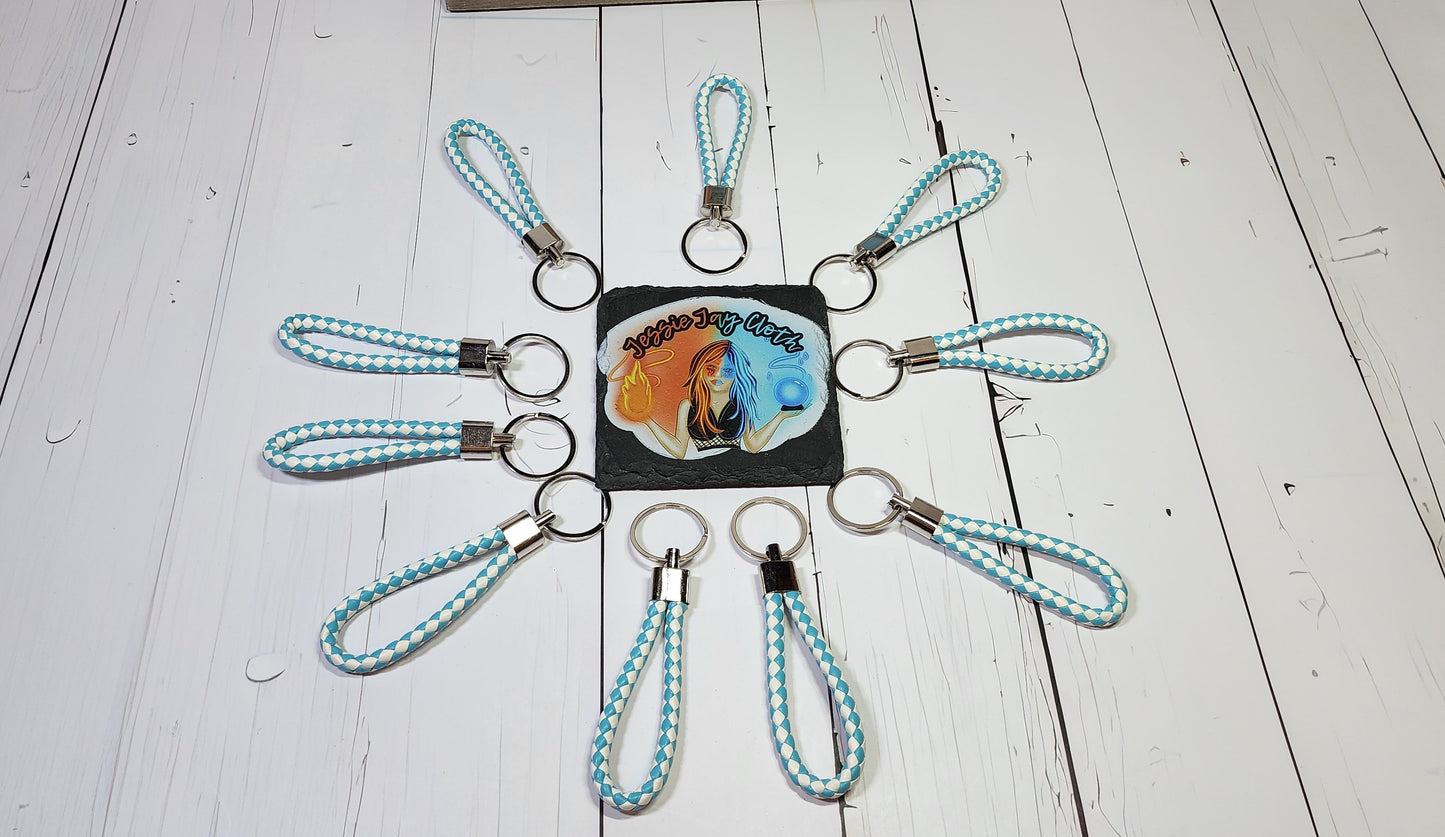 Light Blue & White | Leather Braided Rope Key Chain Strap | Add on