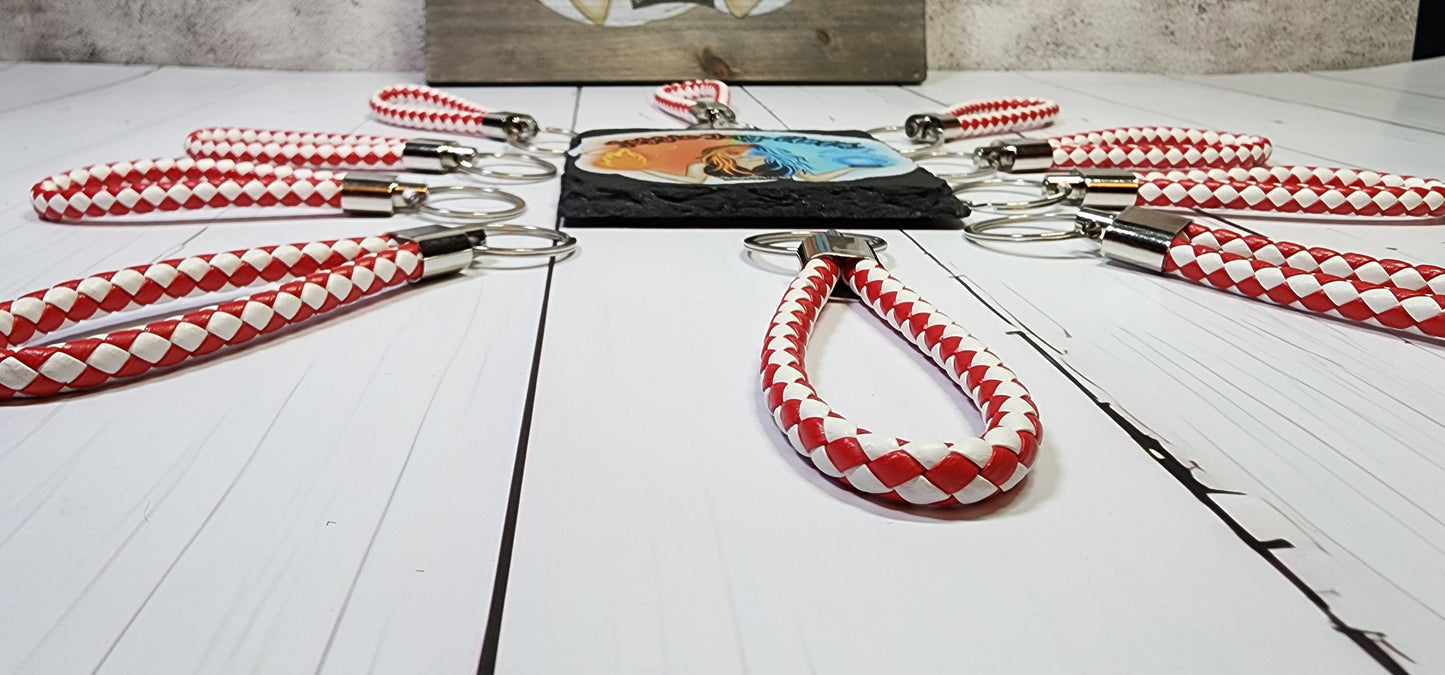Blood Red & White | Leather Braided Rope Key Chain Strap | Add on