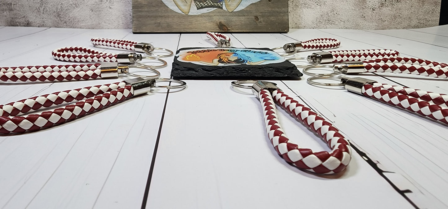 Burgundy & White | Leather Braided Rope Key Chain Strap | Add on