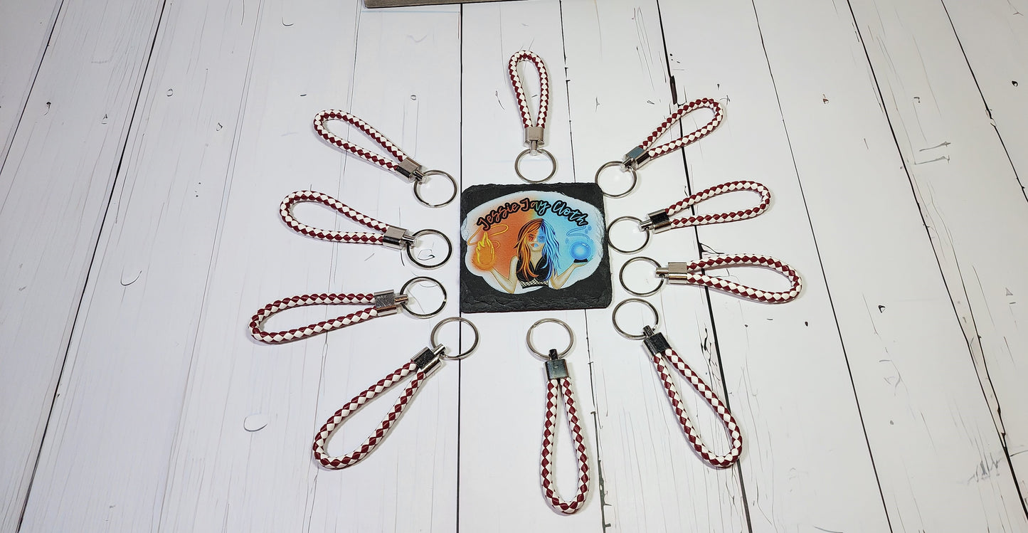 Burgundy & White | Leather Braided Rope Key Chain Strap | Add on