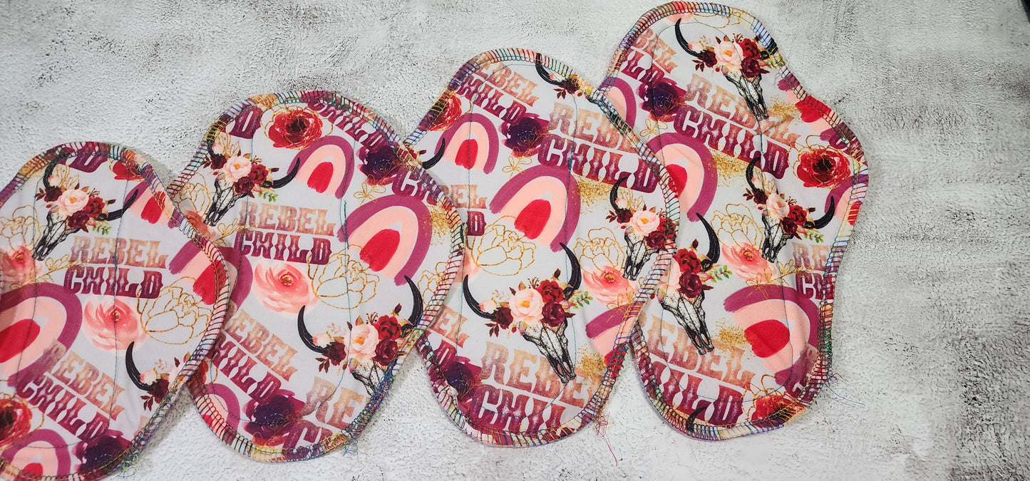6/7/8/9/10/12/14 Set or SINGLE | Serged Style Cloth Pad | 2.5" or 2.75" snapped width | Rebel Child, Skull, Floral, Rainbow