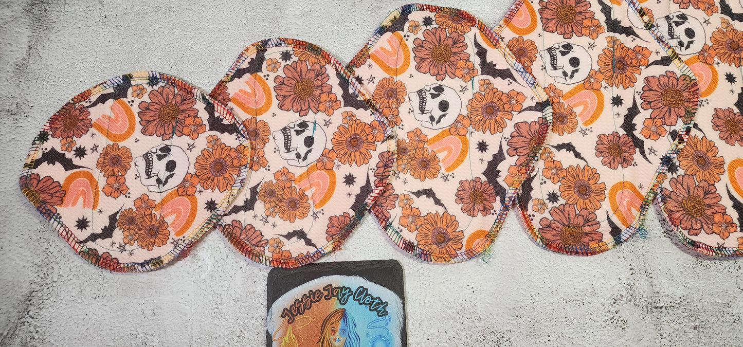 6/7/8/9/10/12/14 Set or SINGLE | Serged Style Cloth Pad | 2.5" or 2.75" snapped width | Floral Skull, Bat, rainbow