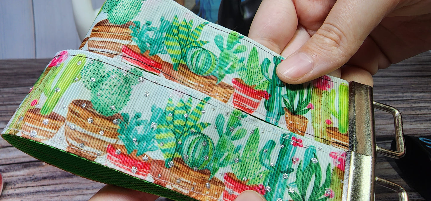 Succulent - Regular & Glitter Cactus | 1.5 inch Wide Wristlet Key Fob | Ribbon & Nylon