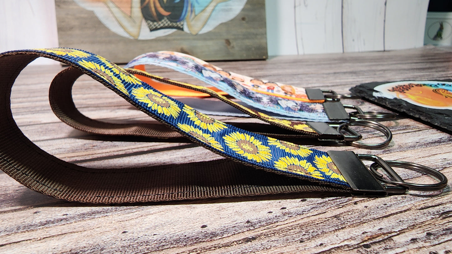 Sunflower, Friends, Dolls Wristlet Key Fob | Ribbon/Nylon Fabric Keychain | Choose your print