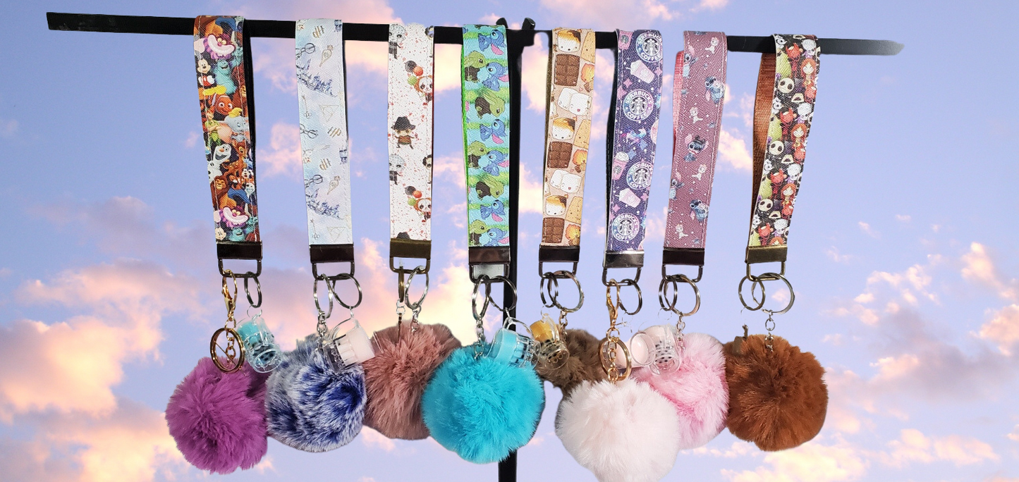 Smores Faux Leather & Nylon Fabric Keychain |  Bubble Tea Pendant | Boba Pearls | Fluffy Pompom | Key Fob Wristlet
