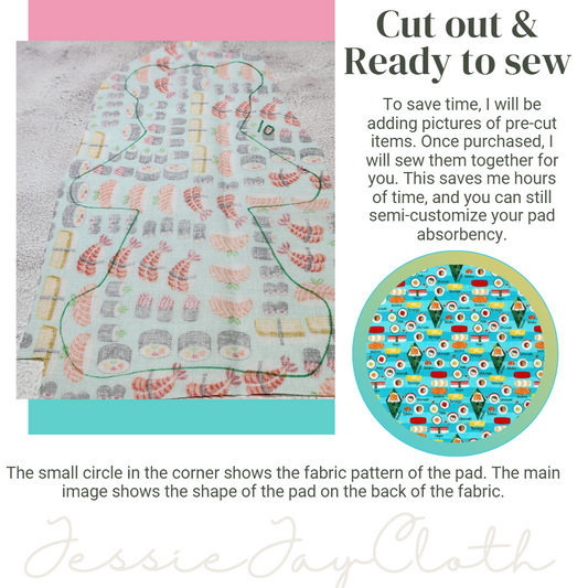 10 inch Bear Roar Cloth Pad or Liner | Sushi Food, 2.5" Snapped Width | Choose your absorbency