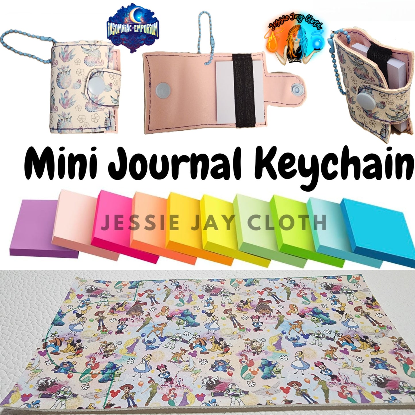 Reusable Mini Journal Keychain + Pen + Cord holder organizer + 50 sticky notes