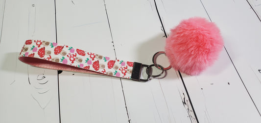 Gnome Mushroom Floral |  Faux Leather & Nylon Fabric Keychain | Fluffy Pompom | Key Fob Wristlet | Gnomes House
