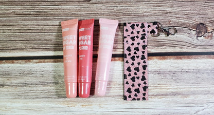 Lip Balm Holder | Black Hearts on Pink Glitter | Can hold gloss/balm/sugar scrub up to 5.5" |