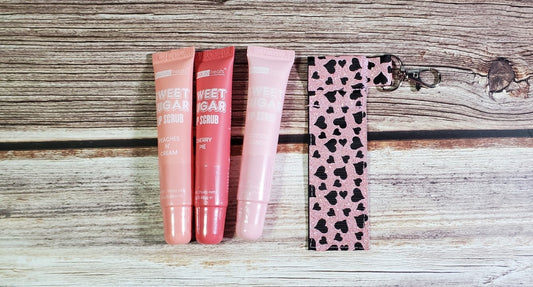 Lip Balm Holder | Black Hearts on Pink Glitter | Can hold gloss/balm/sugar scrub up to 5.5" |