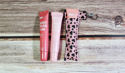 Lip Balm Holder | Black Hearts on Pink Glitter | Can hold gloss/balm/sugar scrub up to 5.5" |