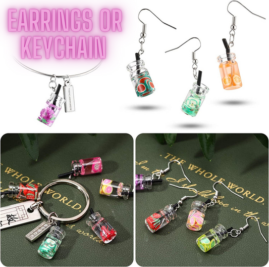 Mason Jar Boba Fruit Tea Inspired Earrings OR Keychain | Hypoallergenic | Strawberry, Grape, Apple, Dragon Fruit, Watermelon, Lemon, Lime